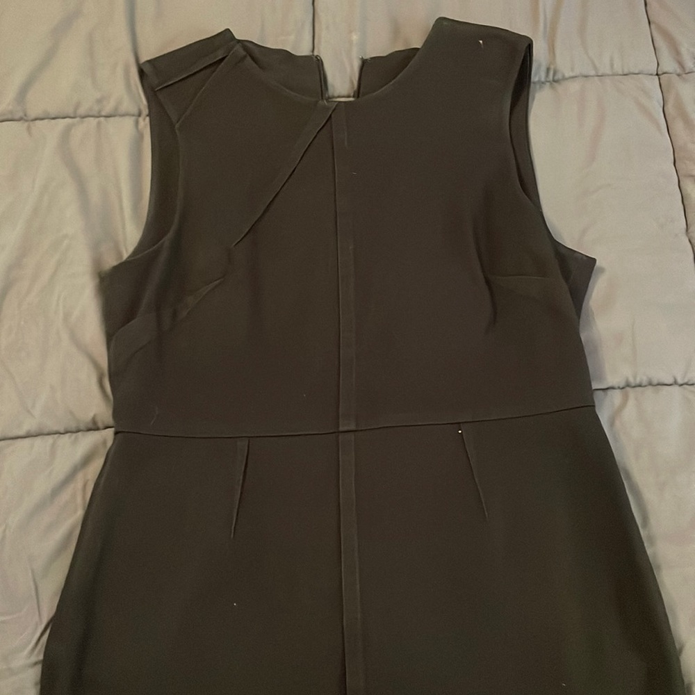 Black sleeveless dress, zips in back.